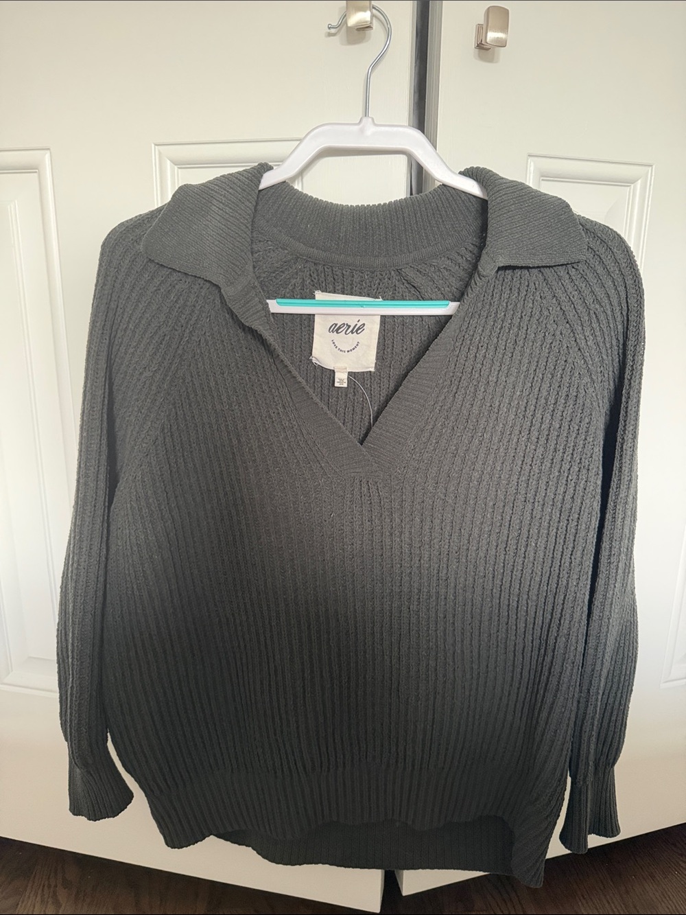 aerie Charcoal Ribbed V-Neck Collared Sweater